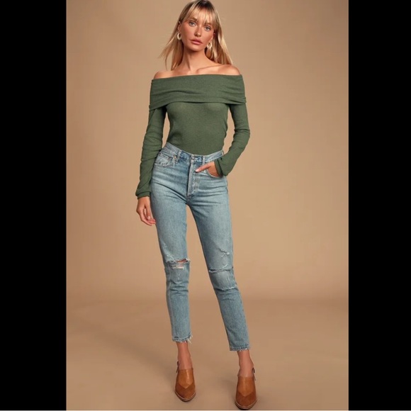 Olive Green Off-the-Shoulder Knit Sweater Top - Picture 3 of 5